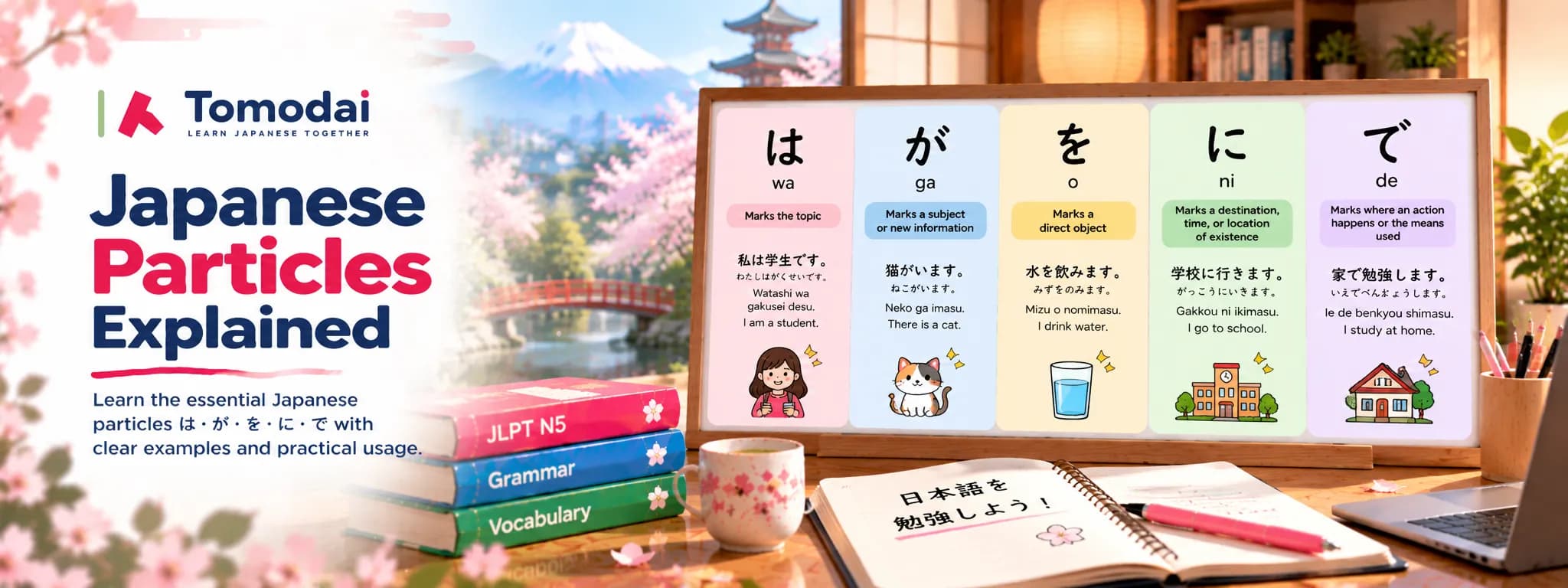 Japanese Particles Explained: は, が, を, に, で