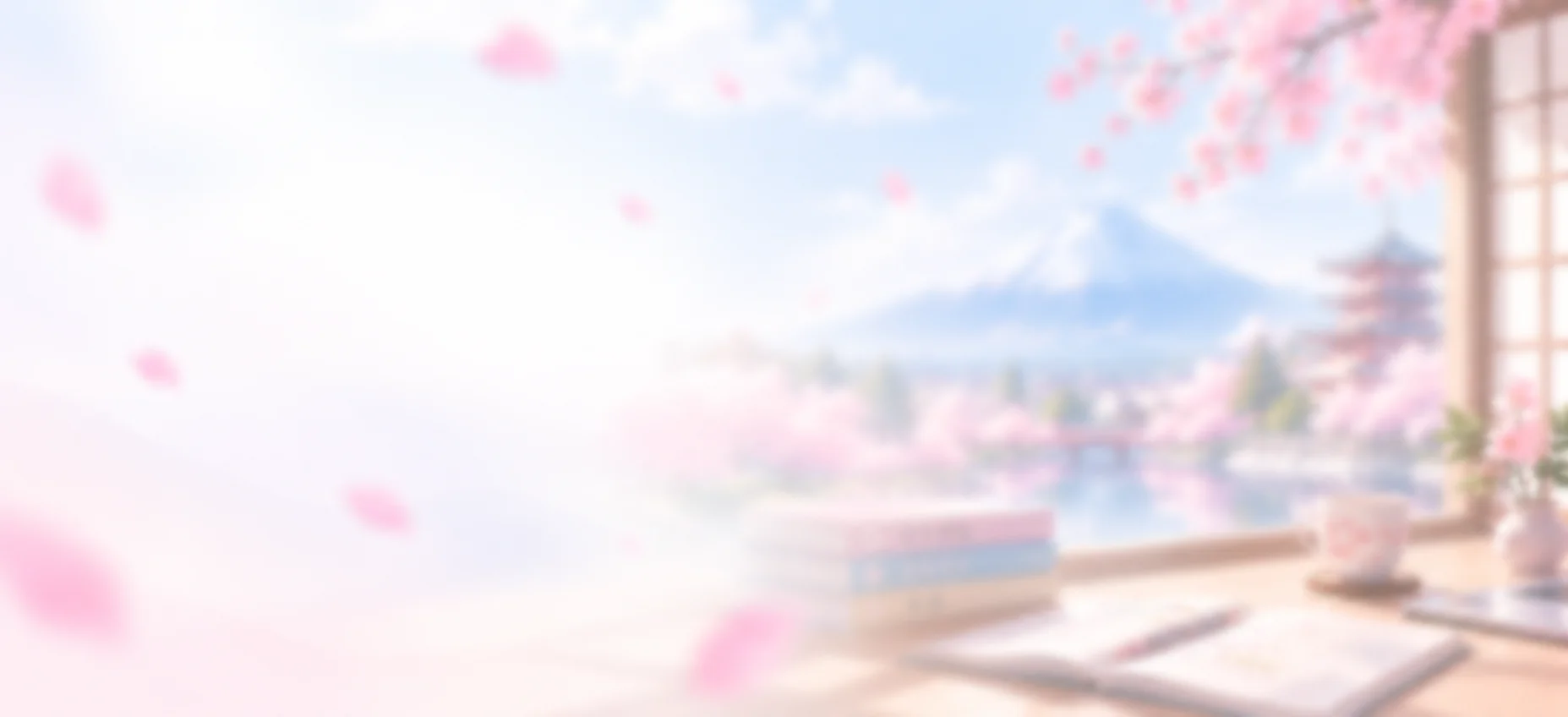 Japanese watercolor background with Mount Fuji, Torii gate and cherry blossoms